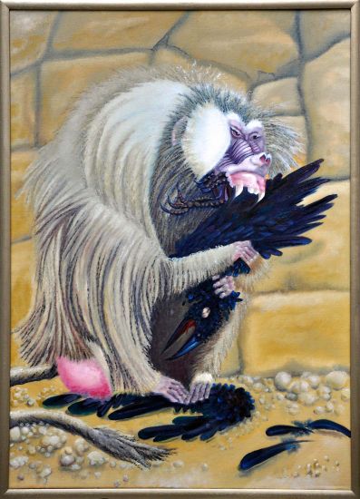 Affenappetit: Pavian frisst Rabe