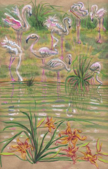 Flamingos und Taglilien